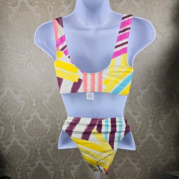 Cupshe Size Med Striped Bikini Pull On Style Cropped Top White Yellow Purple NWT - Picture 3 of 16